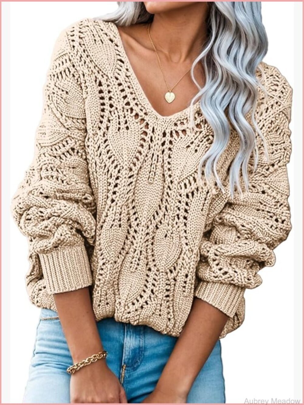 Crochet Hollow Out V Neck Pullover Sweater Lightweight Fall Winter Top